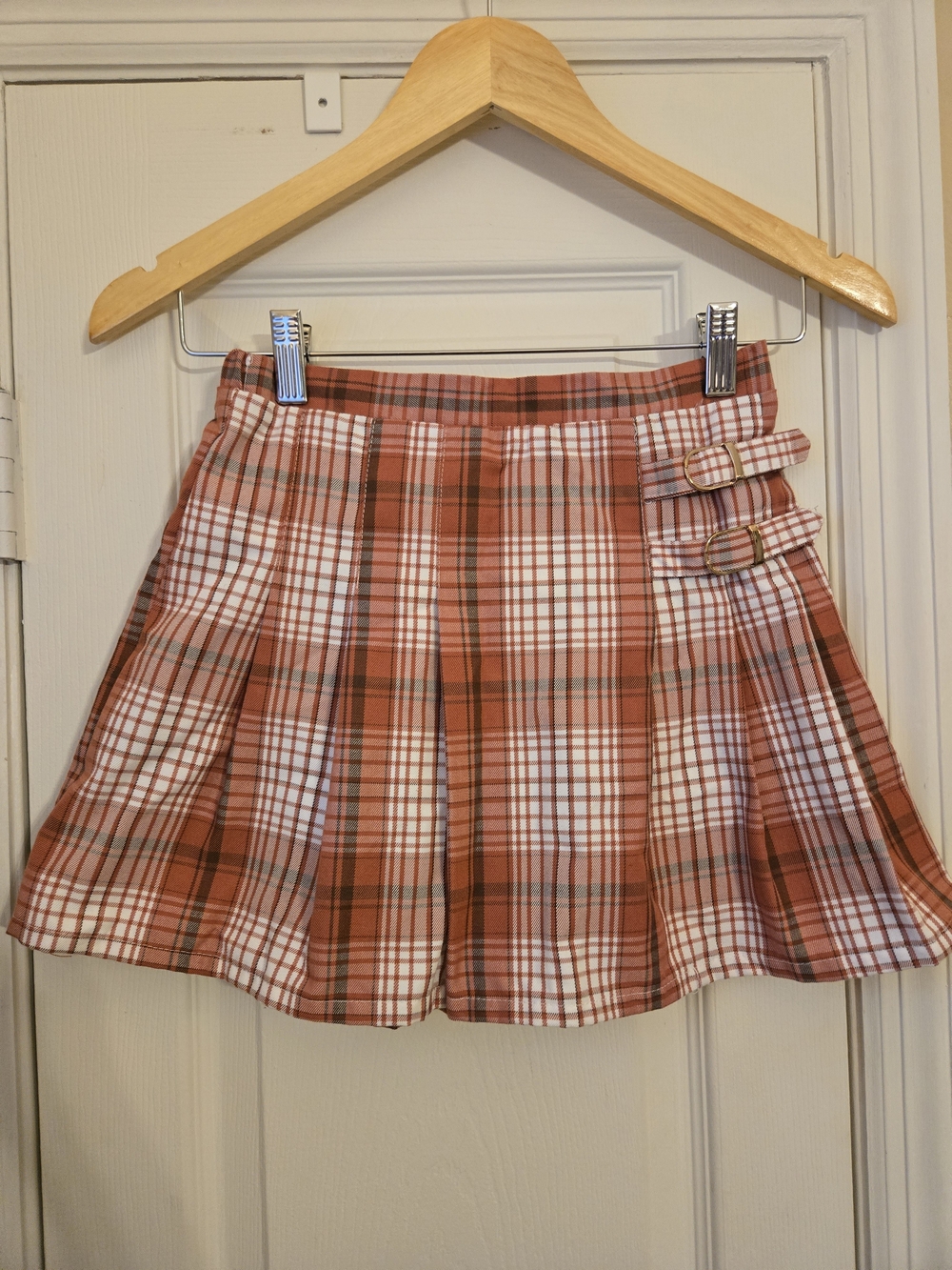 Btween Plaid Pleated Skirt with Buckle Detail - Rust Pink Size 10